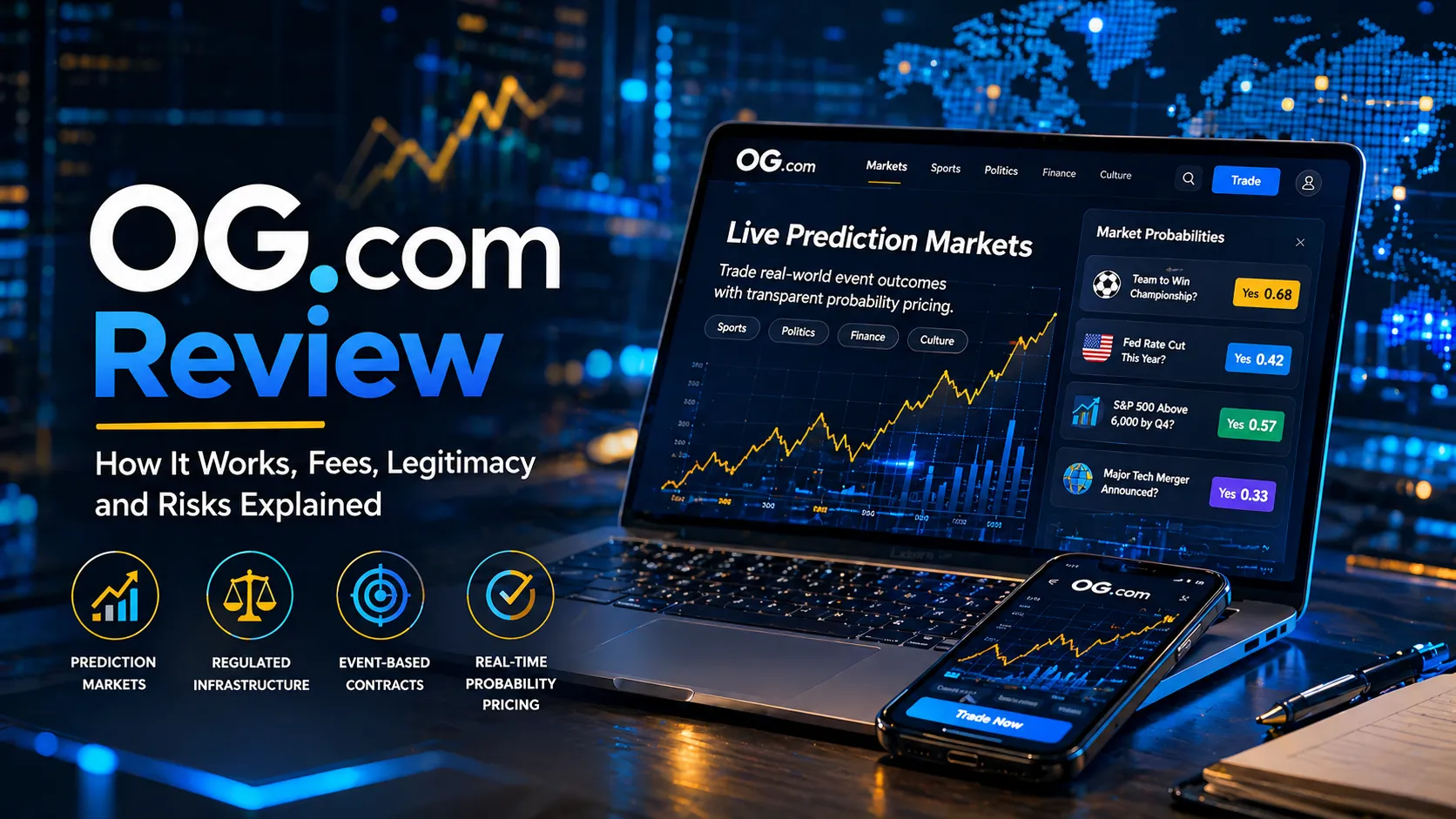 Dark-themed financial interface displaying OG.com prediction market on a smartphone, featuring real-time probability charts, event contracts, and sports context with data-driven analytics in a modern trading environment